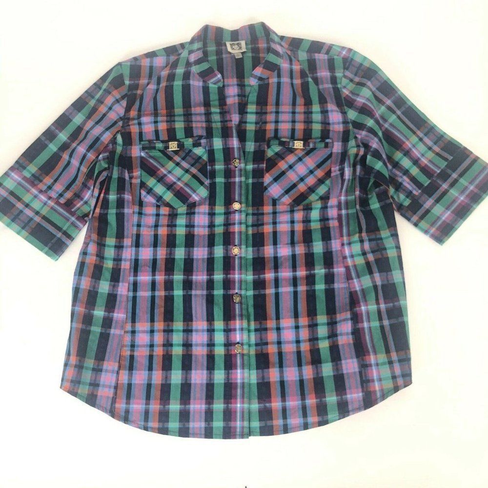Ann Klein Green Purple Plaid Button Shirt Size S